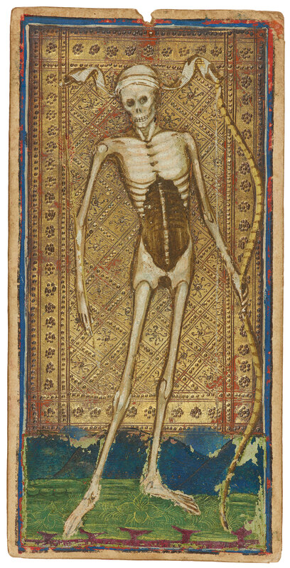 a white skeleton holding a scythe stands in front of a gold background 